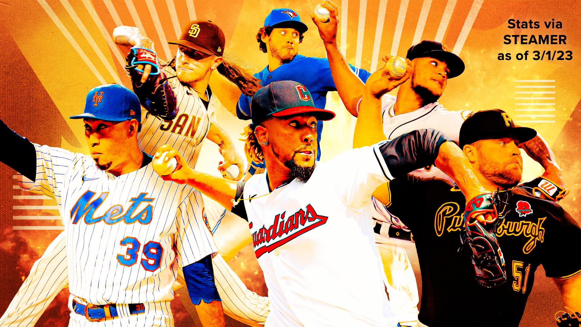 A photo illustration of six pitchers against a bright orange/gold background