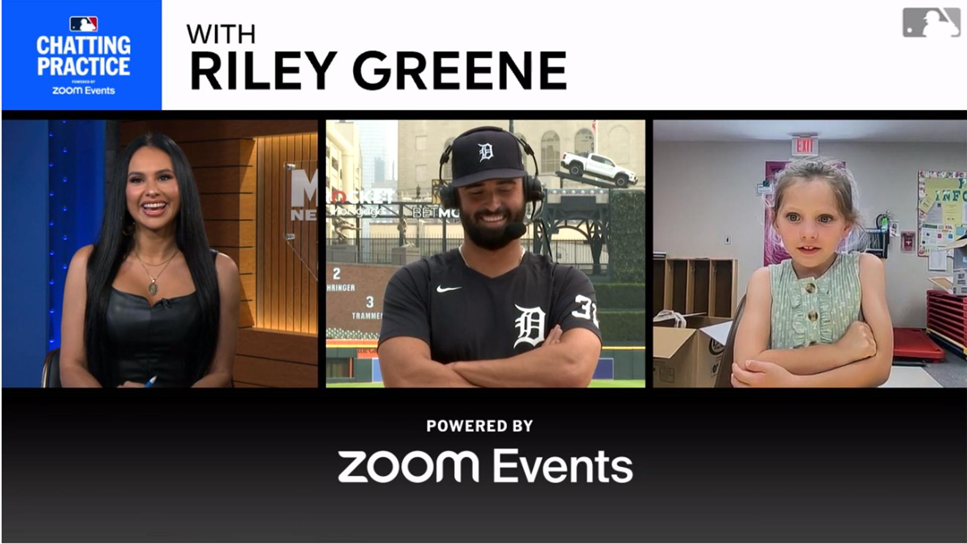 A screenshot of host Siera Santos, the Tigers' Riley Greene and a young fan