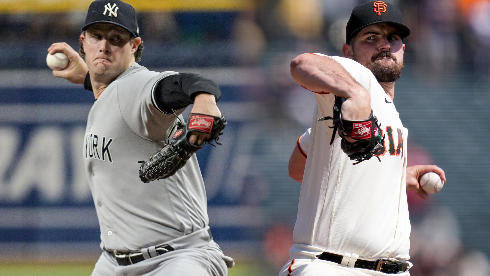 A composite image showing Gerrit Cole and Carlos Rodón pitching