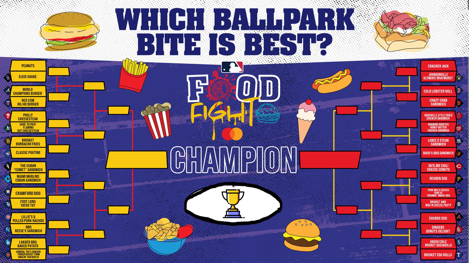 A bracket listing food items at each of the 30 ballparks, with whimsical cartoon images of food items strewn about