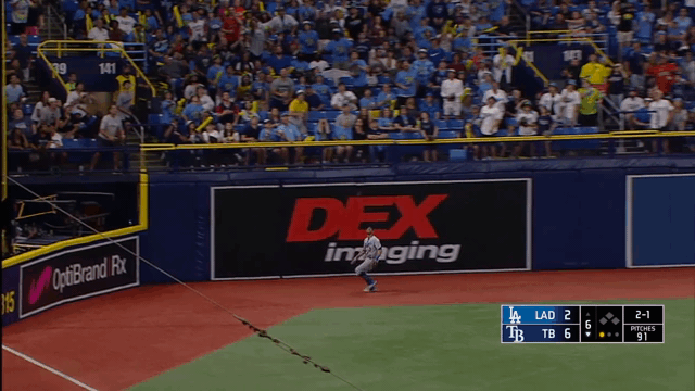 An animated gif of Chris Taylor making a leaping catch against the wall and falling to the ground