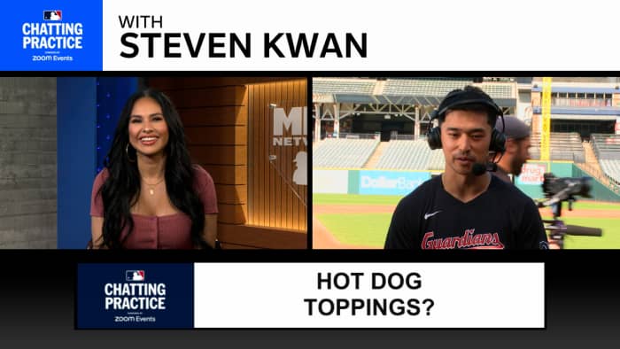 A split screen of Siera Santos interviewing Steven Kwan