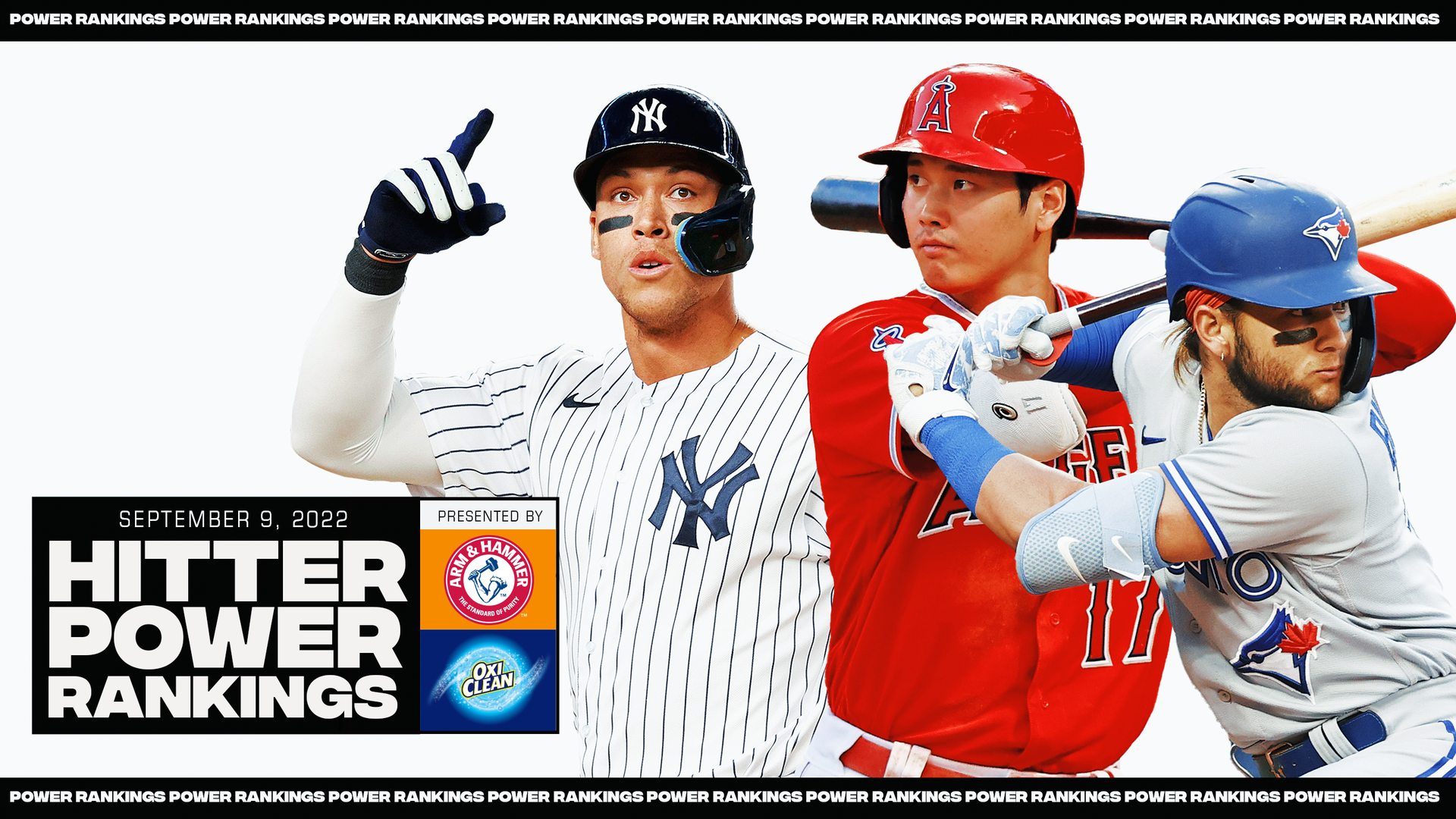 Hitter Power Rankings image featuring Aaron Judge, Shohei Ohtani and Bo Bichette