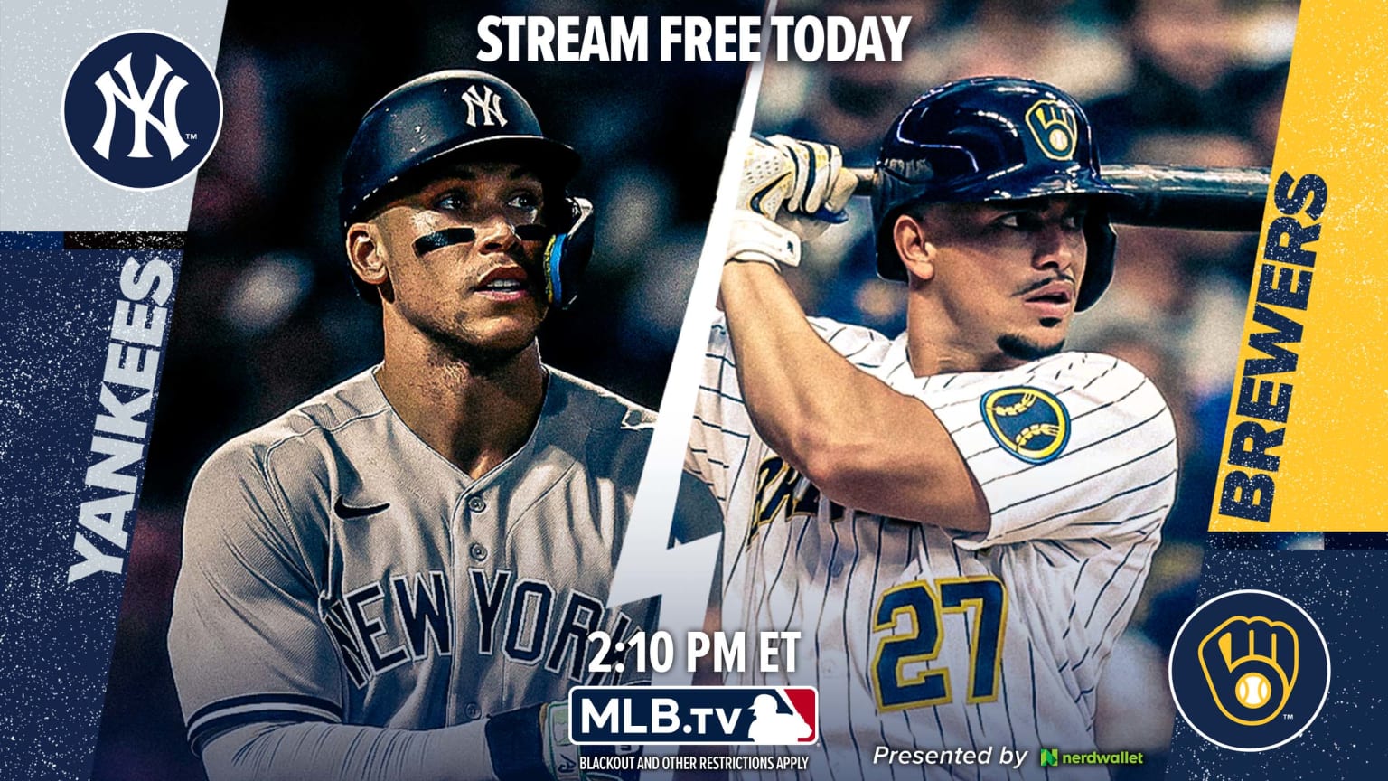 Graphic showing Aaron Judge and Willy Adames with the MLB.TV logo and 2:10 pm gametime