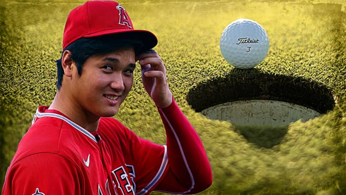 Photo illustration of Shohei Ohtani next to a golf hole