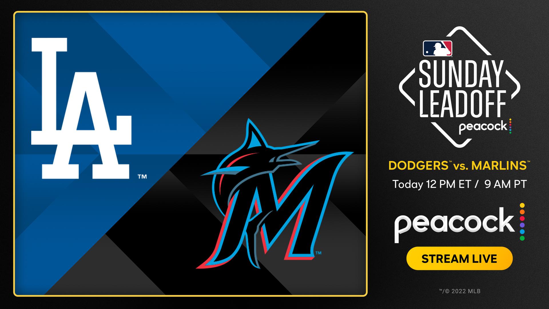 Dodgers and Marlins logos with graphic for MLB Sunday Leadoff game on Peacock network