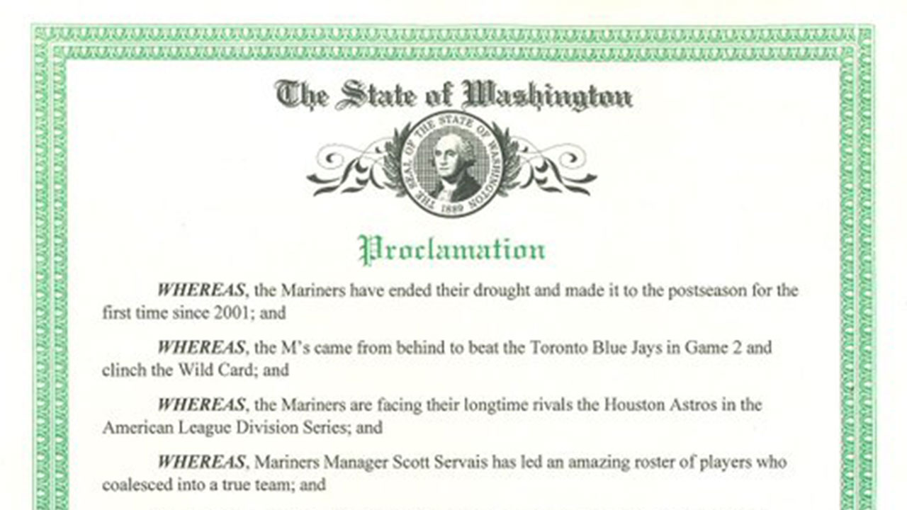 A proclamation renames ferries in the state of Washington after Mariners players